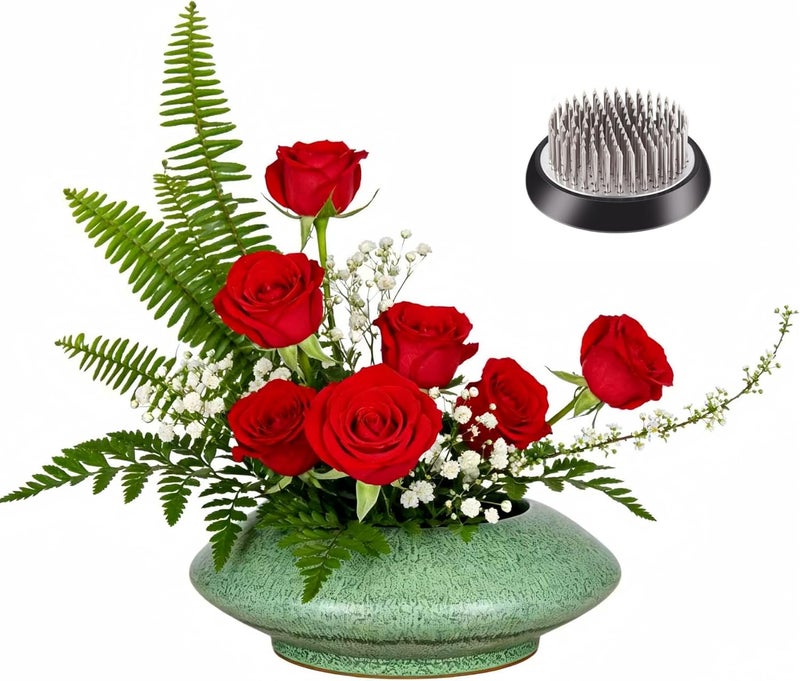 Eggone Ceramic Flower Pot Flower Arrangement Set Japanese Ikebana Floral Art Supplies Handmade Flower Bowl Decorative Flower Vase for Centerpieces (Small Green) - Image 1